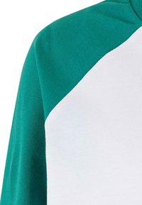 Pamut raglan póló, zöld vállakkal és fehér testtel. Puha tapintás, kerek nyak és kontrasztos színválasztás jellemzi.