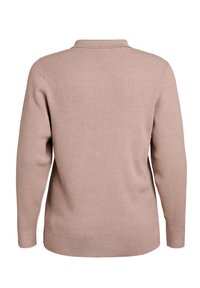 Gaiši rozā adīts džemperis ar ribotu faktūru, apkakles detaļu un garām piedurknēm. Aizmugurē ir taisna apakšmala.