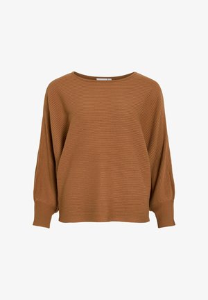 Top lung cu mânecă lungă, de culoare maro, cu dungi și decolteu larg, cu umeri căzuți. Croială relaxată, design ușor scurtat. Textură moale.