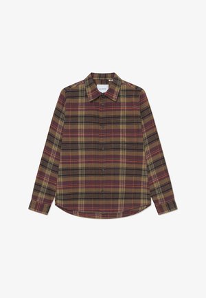 Camisa de manga longa em padrão xadrez nas cores castanho, bege e bordô. Apresenta um colarinho abotoadinho e botões na frente, feita de um tecido suave com um corte descontraído.