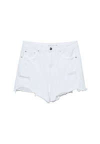 Valkoiset farkkushortsit purjehduksella, joissa on kaksi etutaskua, kulutettu yksityiskohtia ja nappikiinnitys.