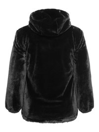 Black plush hooded jacket with long sleeves and elasticated cuffs, shown from the back on a white background.
