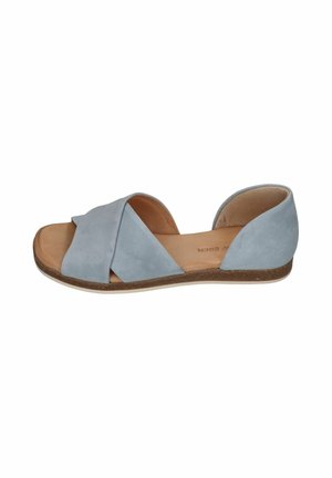 Light blue suede flat sandal with open toe, crisscross straps, and a low brown sole.