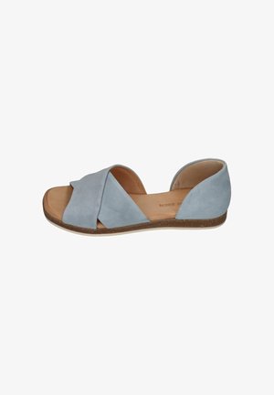 Light blue suede flat sandal with open toe, crisscross straps, and a low brown sole.