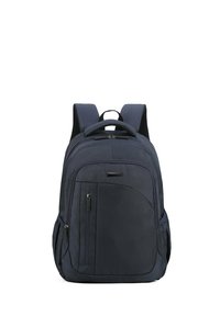 Zaino blu navy realizzato in tessuto testurizzato, con spallacci imbottiti regolabili, maniglia superiore, tasca anteriore con zip e due tasche laterali.