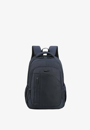 Sac à dos bleu marine en tissu texturé, équipé de bretelles rembourrées et ajustables, d'une poignée supérieure, d'une poche zippée à l'avant et de deux poches latérales.