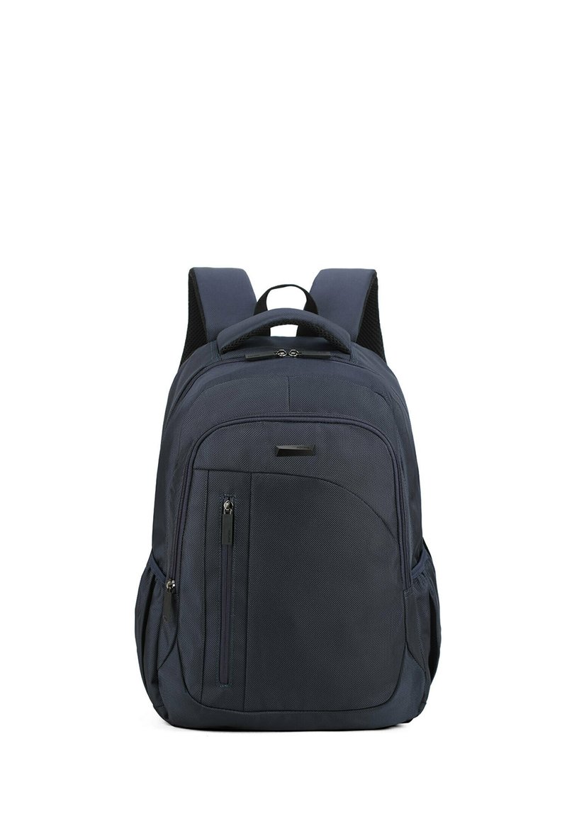 Zaino blu navy realizzato in tessuto testurizzato, con spallacci imbottiti regolabili, maniglia superiore, tasca anteriore con zip e due tasche laterali.