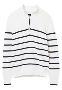 Maglione bianco a maglia con strisce orizzontali nere, colletto con zip a un quarto e polsini e orlo a costine.