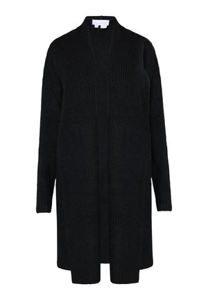 Černý dlouhý cardigan vyrobený z ribbed pleteniny, s otevřeným předním designem, dlouhými rukávy a až ke kolenům, s jemnou texturou. Žádné viditelné zapínání.