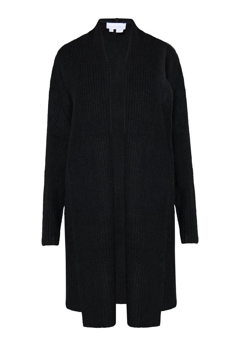Cardigan lung negru din material tricotat cu striuri, cu un design deschis în față, mâneci lungi și lungime până la genunchi, cu o textură moale. Fără închideri vizibile.