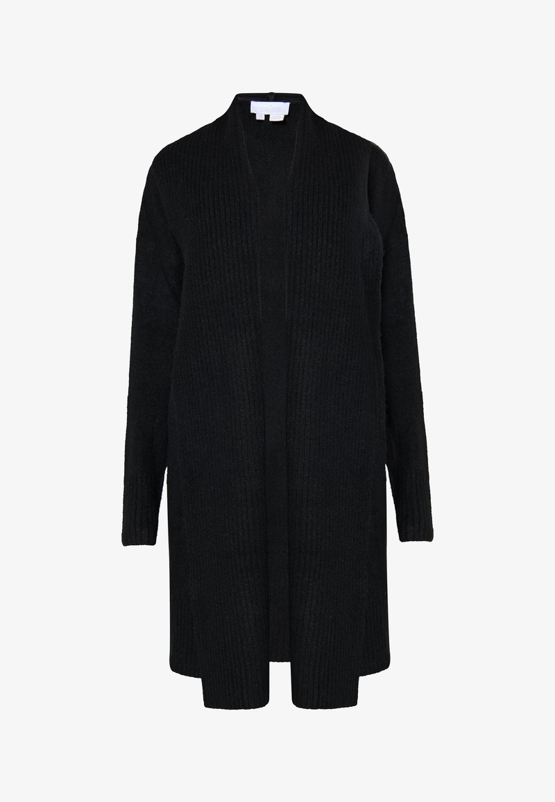 Black long cardigan made of ribbed knit fabric, open front design, long sleeves, and knee-length with soft texture. No fastenings visible.