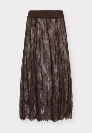 Barna csipkés midi szoknya hullámos szegéllyel és elasztikus derékpánttal, melyen dombornyomott "ALLSAINTS" logó látható, fehér háttér előtt laposan.