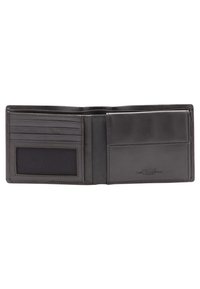 Portafoglio in pelle nera con design a doppia piega, dotato di più slot per carte, una finestra trasparente per l'ID e superficie liscia.