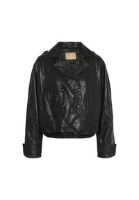 Zwarte leren cropped jacks met een dubbelgebouwde voorkant, met gelapt revers, twee zijzakken en opgerolde mouwen. Gladde textuur en minimalistisch ontwerp.