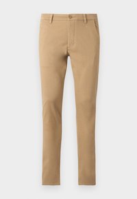 Slim-fit beige chinos with button closure, front pockets, and a smooth texture. Plain design, tapered legs, and clean hem.