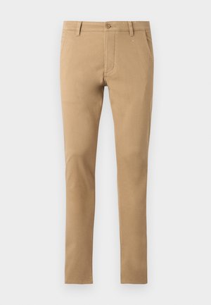 Slim fit bézs chino nadrág gombos zárással, elülső zsebekkel és sima textúrával. Letisztult dizájn, szűkített lábak és tiszta szegés.