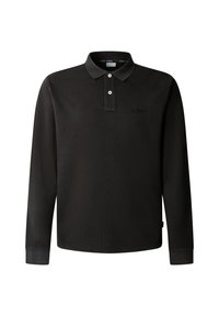 Černá dlouhá rukávová polo tričko s límečkem, dvouknoflíkovou légou a logem. Vyrobeno z texturované látky s kontrastními manžetami.