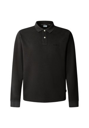Zwarte polo met lange mouwen, een kraag, een knoopsluiting met twee knopen en logodetail. Gemaakt van een gestructureerde stof met contrasterende manchetten.