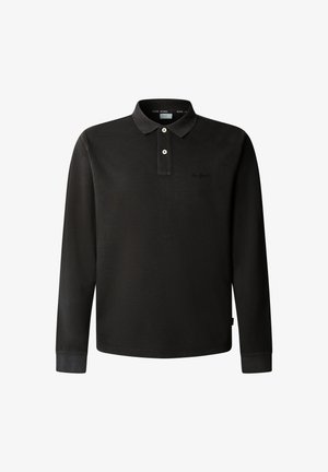 Camisa polo de manga larga negra con cuello tipo polo, tapeta de dos botones y detalle del logo. Está hecha de una tela texturizada con puños en contraste.