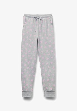 Jasnoszare spodnie dresowe o miękkiej fakturze, z różowym wzorem serc, elastycznym pasem w talii z sznurkiem oraz ściągaczami u kostek.