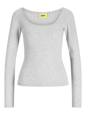 Light gray, long-sleeve fitted top with wide scoop neckline and yellow brand label "JJXX" sewn inside collar.