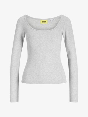 Light gray, long-sleeve fitted top with wide scoop neckline and yellow brand label "JJXX" sewn inside collar.