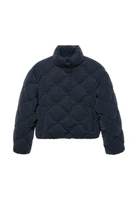 Blouson court en duvet bleu marine avec un col haut, présentant un design matelassé de motifs circulaires et deux poches avant. Texture douce.