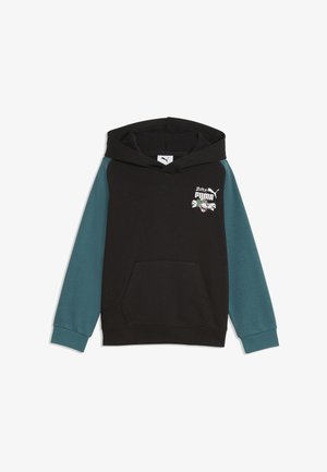 Sweat à capuche noir avec manches turquoise, poche kangourou à l'avant et petit logo "Super Puma" avec un personnage de dessin animé en haut à gauche de la poitrine.