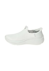 White slip-on sneakers with a breathable mesh upper, textured accents, and a cushioned sole. Features a rounded toe and minimalistic design.