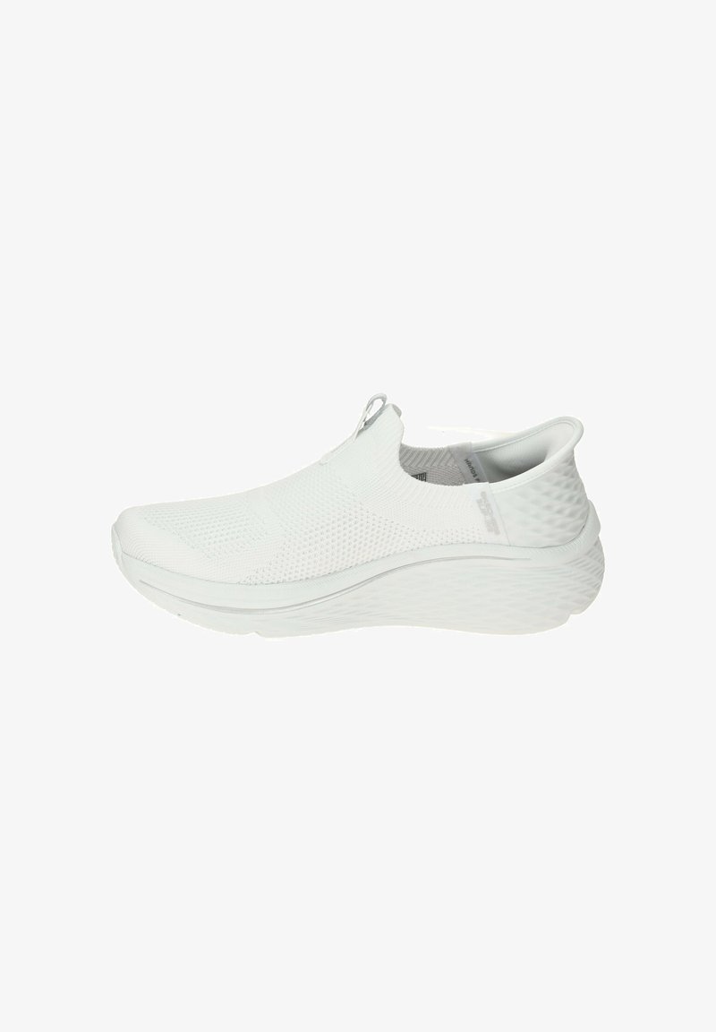 White slip-on sneakers with a breathable mesh upper, textured accents, and a cushioned sole. Features a rounded toe and minimalistic design.