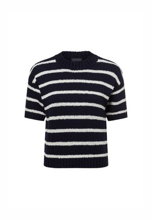 Navyblau- und weiß gestreifter, kurzärmeliger gestrickter Pullover mit einem gerippten Rundhalsausschnitt und strukturiertem Stoff. Leicht und lässig im Design.