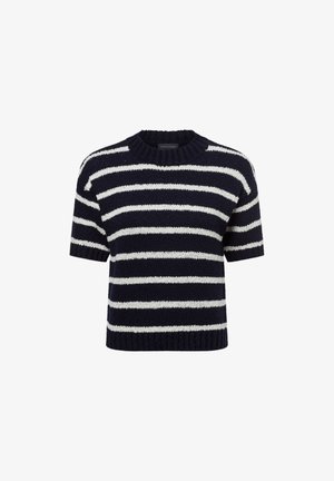 Navyblau- und weiß gestreifter, kurzärmeliger gestrickter Pullover mit einem gerippten Rundhalsausschnitt und strukturiertem Stoff. Leicht und lässig im Design.