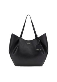 Borsa tote in pelle nera con una forma strutturata, dotata di doppie cinghie per le spalle e un'etichetta. Logo in evidenza sulla parte anteriore.