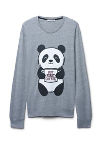 Felpa grigia a maniche lunghe con una grafica di un panda che tiene una tazza di caffè, con la scritta "MA PRIMA IL CAFFÈ" in bordeaux. Materiale morbido, vestibilità casual.