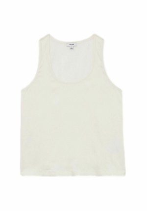 Vaalea kerma tanktoppi, jossa on leveä pyöreä pääntie ja ommeltu helma. Valmistettu sileästä, kevyestä kankaasta. Ei lisäkuvioita tai -designia.