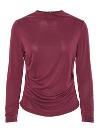 Langsleeve kastanjebruine top met een ronde halslijn, geplooide details aan de zijkanten en een sluiting aan de achterkant met een kleine knop. Glad stoffen textuur.