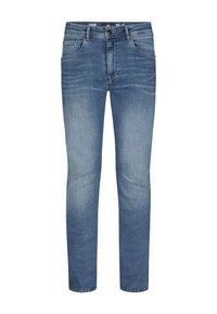 Blå slim-fit jeans i denim med framknapp, bälteshällor och fem fickor, med lätt blekning på låren och knäna.