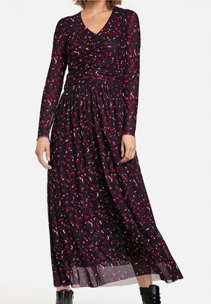 Robe noire à manches longues avec un décolleté en V, un corsage froncé et un motif abstrait multicolore. Silhouette fluide avec un ourlet texturé.