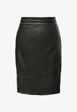 Jupe crayon en cuir noir avec une texture lisse, une forme près du corps et une coupe mi-longue. Présente un détail de couture subtil près de l'ourlet.