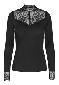 Haut noir ajusté à manches longues en tissu côtelé, col haut en dentelle, panneau poitrine en dentelle et poignets en dentelle aux manches.