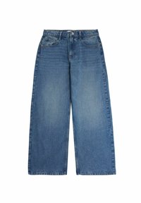 Jeansy z szerokimi nogawkami w jasnoniebieskim deniowym kolorze, z wysokim stanem, pięcioma kieszeniami i postarzanym wyglądem. Widać klasyczne przeszycia.