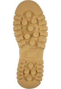 Gummisohle in Hellbraun mit runden und rechteckigen Profilmustern, Rillen und einem eingeprägten Logoetikett in Größe 42.