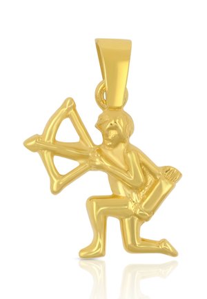 Goldener Anhänger in Form eines knienden Bogenschützen, der mit einem Köcher voller Pfeile auf dem Rücken gegen weißen Hintergrund zielt.