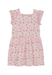 Blomsterkjole med en lys pink baggrund, der har små røde og lilla blomster. Flæser ved ærmerne og en figursyet talje, der fører til en løs nederdel.