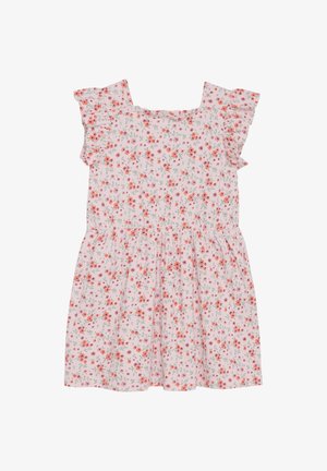 Blommig klänning med en ljusrosa bakgrund, prydd med små röda och lila blommor. Volangärmar och en figurnära midja som leder till en lös kjol.