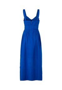 Blaues ärmelloses Kleid mit einem taillierten Oberteil, gerüschtem Taillenbund und fließendem Rock. Hergestellt aus leichtem Stoff, mit sichtbaren Nahtdetails.