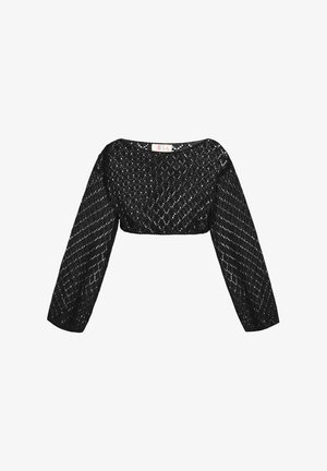Fekete, rövid cropped felső, kötött kialakítással, hosszú ujjal, textúrált gyémántmintákkal és széles nyakkivágással.