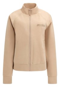 Chaqueta beige con cremallera hecha de una tela suave y con cuello alto. Presenta un logo en el pecho, bolsillos laterales y puños acanalados.