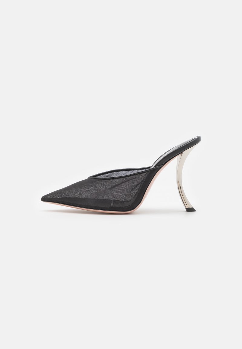 Sorte mesh mules med spids tå, metallisk detalje på hælen og et strømlinet, moderne design. Har en struktureret overdel og slank silhuet.