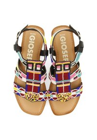 Sandalias con tiras y suela de imitación cuero marrón, decoradas con cuentas de colores y correas negras ajustables para un ajuste seguro.